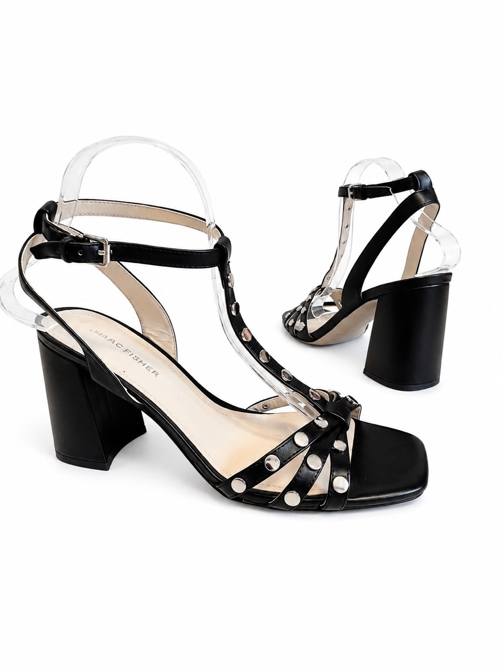 Marc Fisher Black Studded T-Strap Block Heels sandal whimsigoth gothic size 9M